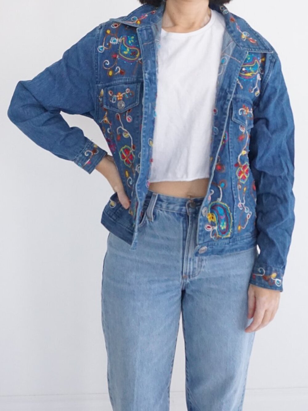 Vintage Tantrums Blue Denim Floral Paisley Embroidered Button Front Jacket M